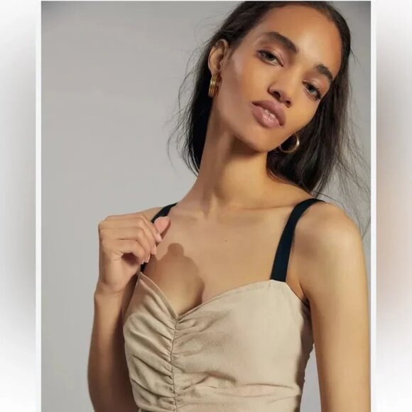 Anthropologie ATSU Ruched Drop Waist Beige Midi Linen Blend Strap Dress 2 - Picture 3 of 11